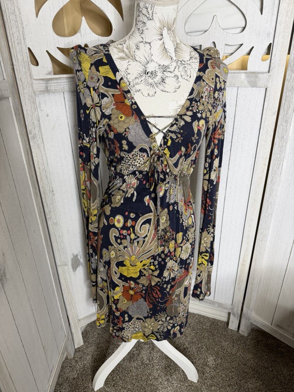 Miss Sixty Boho Hippie Y2K Paisley Mushroom Print Made In Italy Tie Front Medium